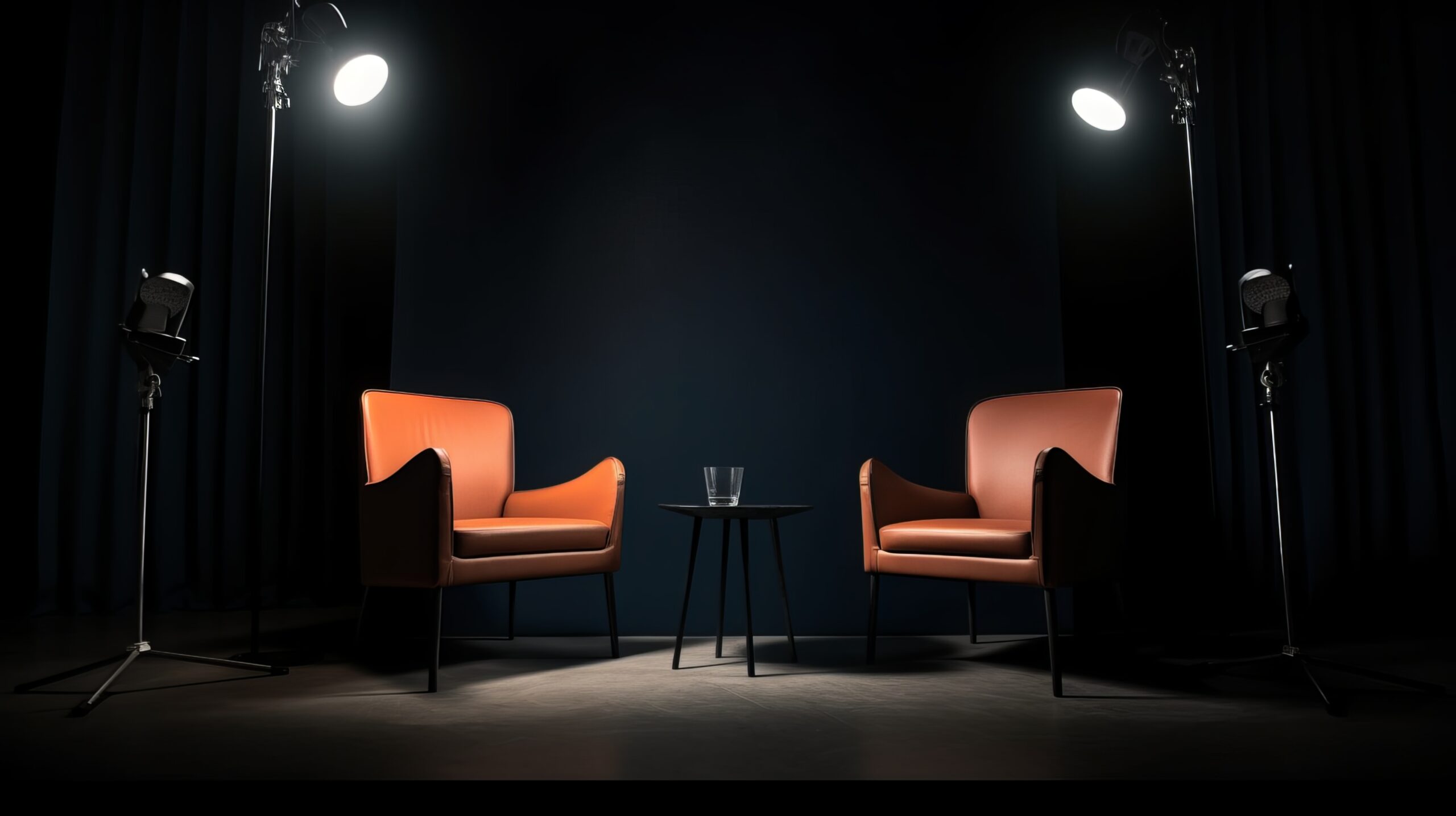 two chairs and spotlights in podcast or interview room on dark background as a wide banner for media conversations or podcast streamers concepts with copyspace